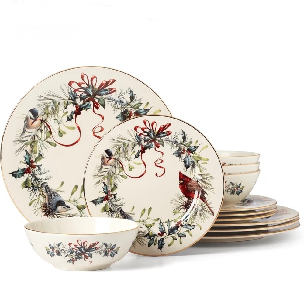 Lenox Winter Greetings 12 Piece Dinnerware Set Bone China Bird Holiday 894540